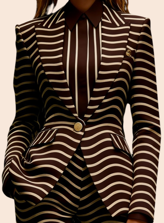 My Store slim-fit blazer featuring a bold brown and cream wavy stripe pattern with structured lapels and one button.