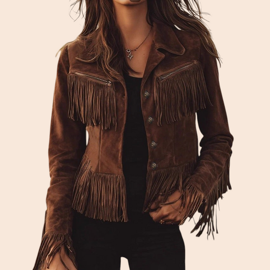 My Store brown suede jacket with western fringe detailing, notched collar, and button-front closure on a model