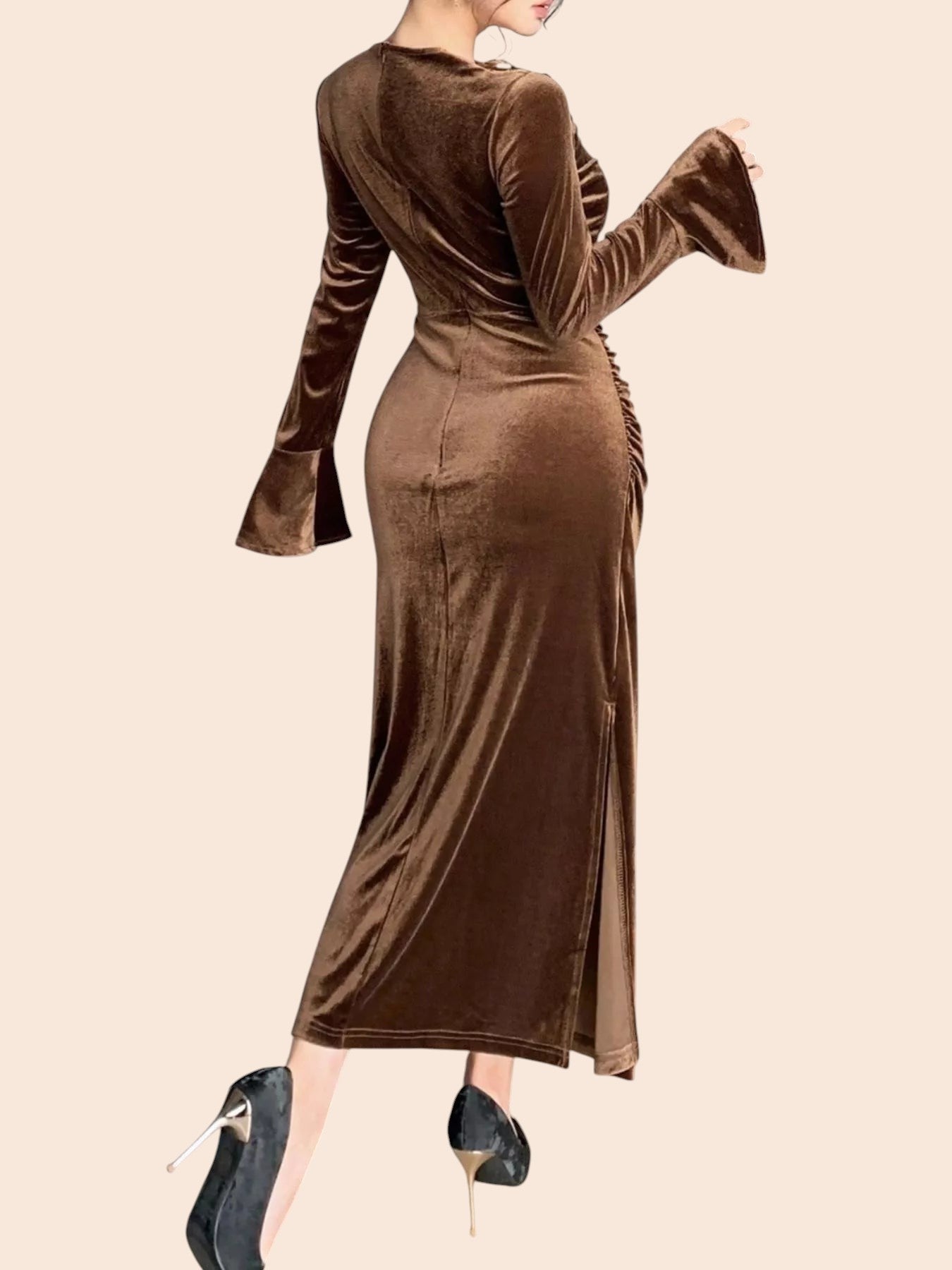 My Store brown velvet midi dress with asymmetric neckline, long flared sleeves, side ruching, and a side slit