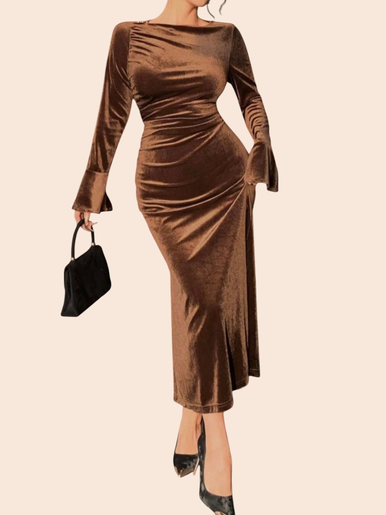 My Store brown velvet midi dress with asymmetric neckline, long sleeves, and flattering side ruching