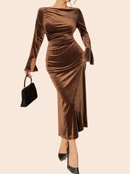 My Store brown velvet midi dress with asymmetric neckline, long sleeves, and flattering side ruching