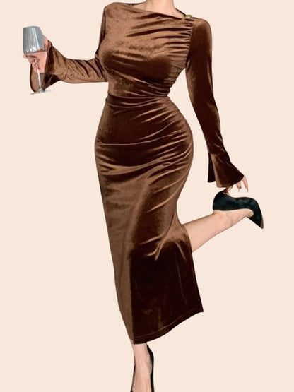 My Store brown velvet midi dress with asymmetric neckline, long sleeves, and flattering side ruching for evening wear.