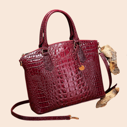 My Store Amara burgundy croc-embossed top handle handbag with a detachable shoulder strap and polished hardware.