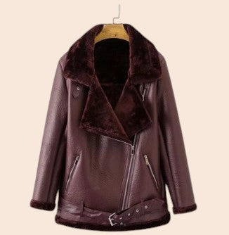 My Store burgundy faux leather jacket with a wide lapel, faux fur lining, zipper pockets, and a waist belt.