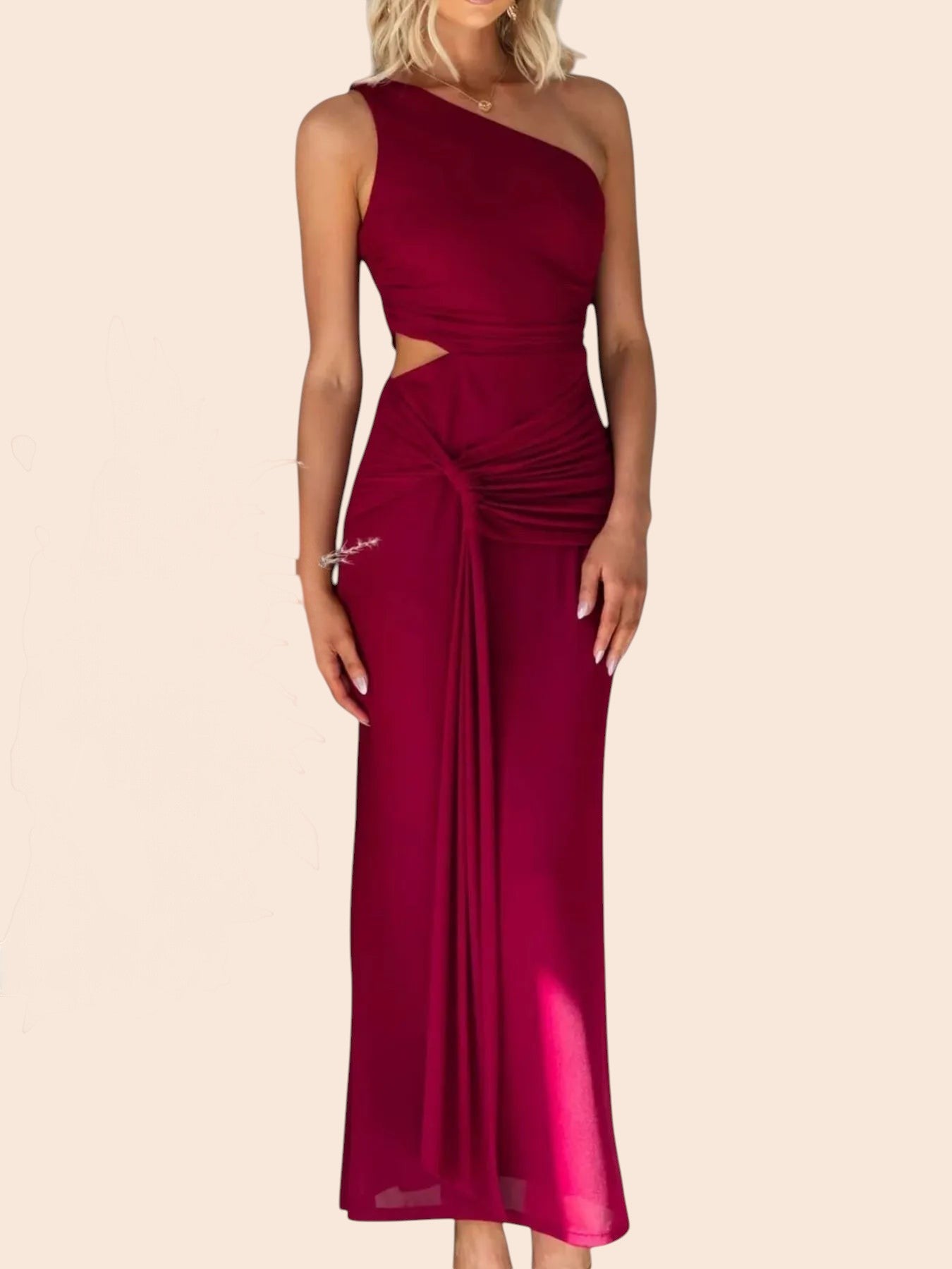 My Store one-shoulder burgundy maxi dress with a waist cutout, ruched detailing, and draped side accent.