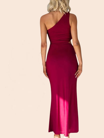 My Store one-shoulder burgundy maxi dress with a waist cutout and draped back view on a blonde model