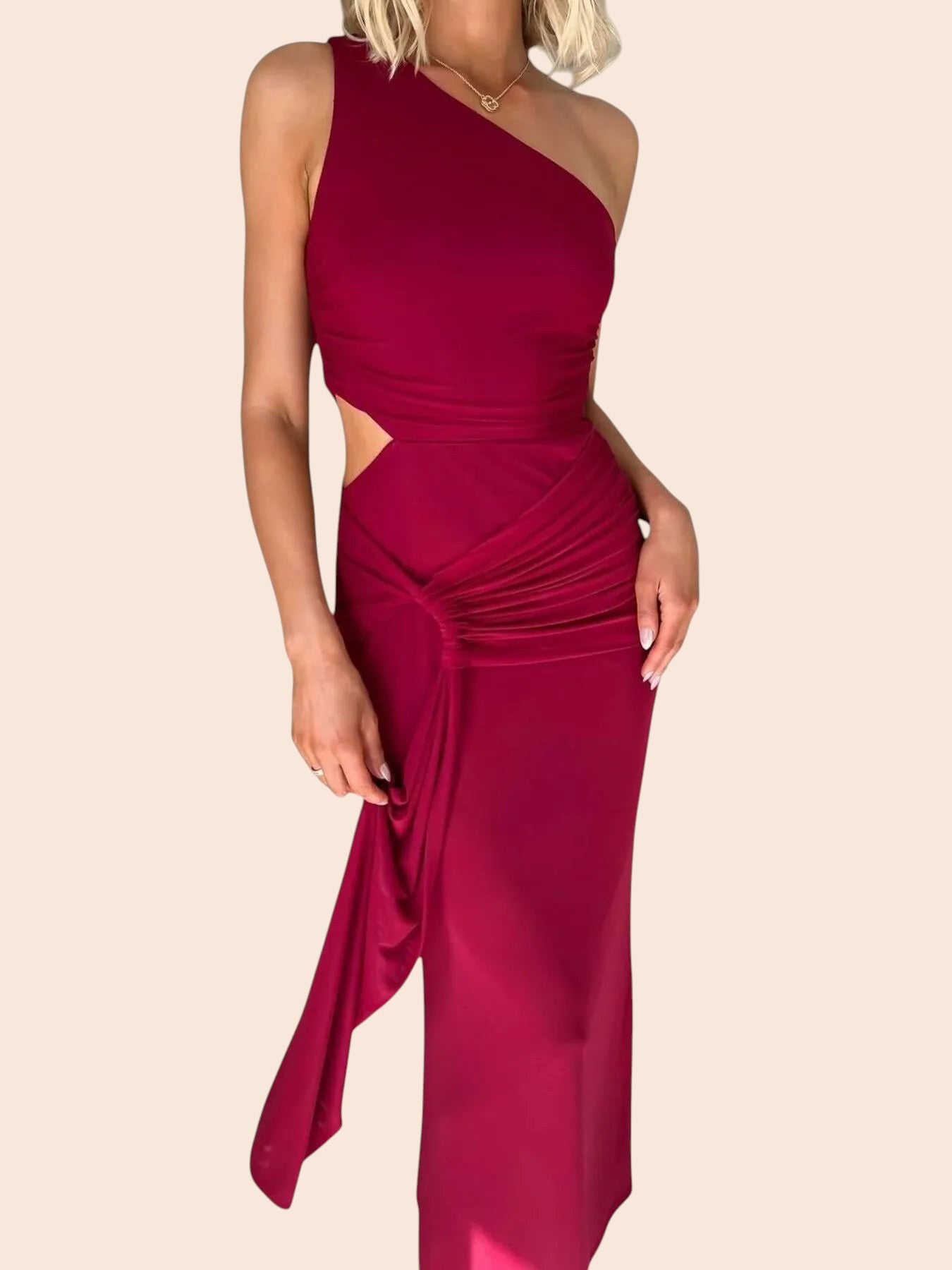 My Store one-shoulder burgundy maxi dress with a waist cutout, ruched side detailing, and a flowing draped skirt.