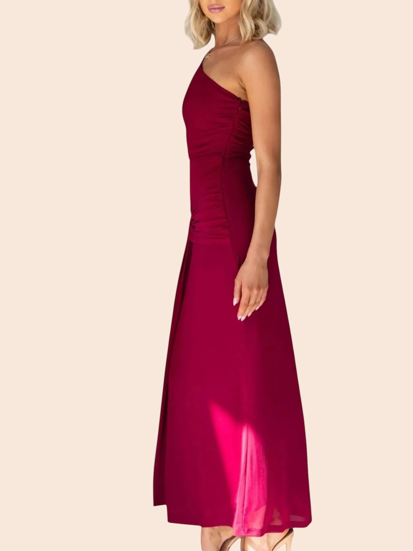 My Store one-shoulder burgundy maxi dress with waist cutout and ruched side detail worn by a blonde model