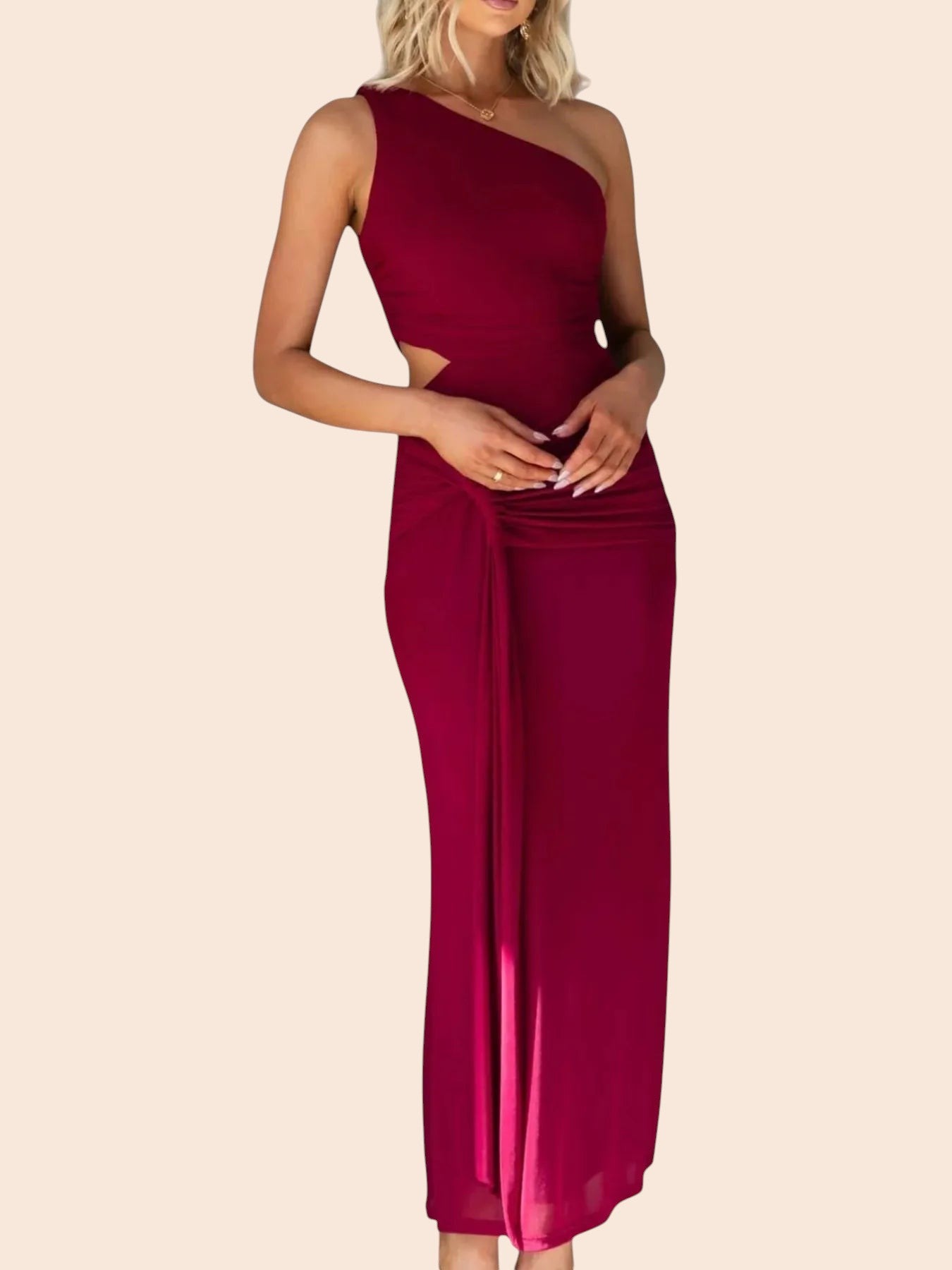 My Store burgundy one-shoulder maxi dress with a waist cutout, ruched detailing, and draped side accent on a model.