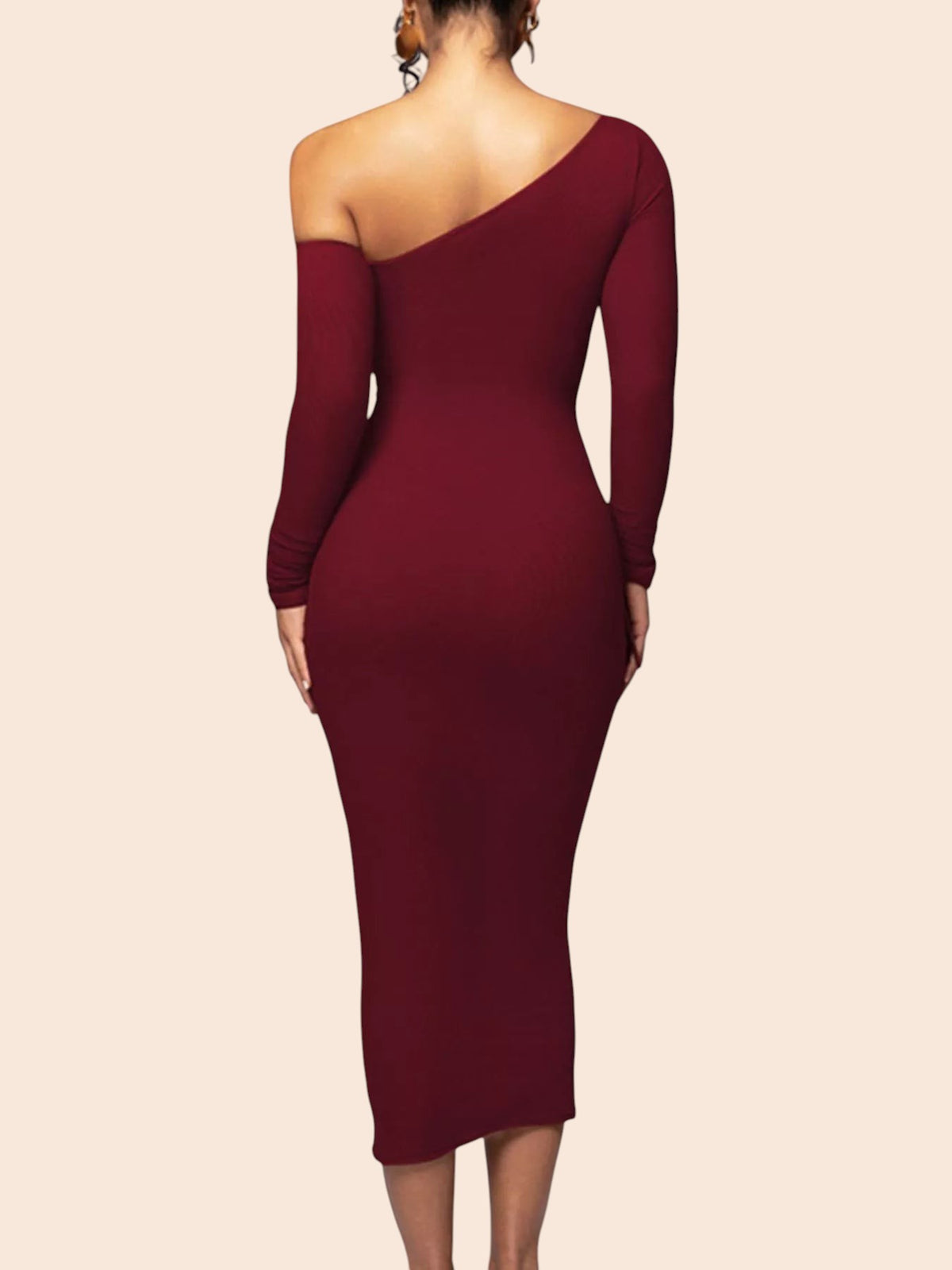 My Store burgundy one-shoulder midi dress with long sleeve and ruched mesh fabric, back view on a model.
