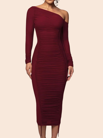 My Store burgundy one-shoulder midi dress with all-over ruching, sheer long sleeve, and bodycon mesh fabric.