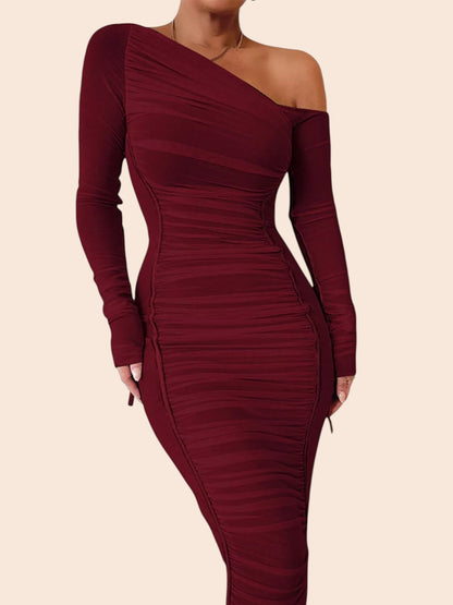 My Store burgundy one-shoulder midi dress in ruched mesh with a single long sleeve and bodycon fit.