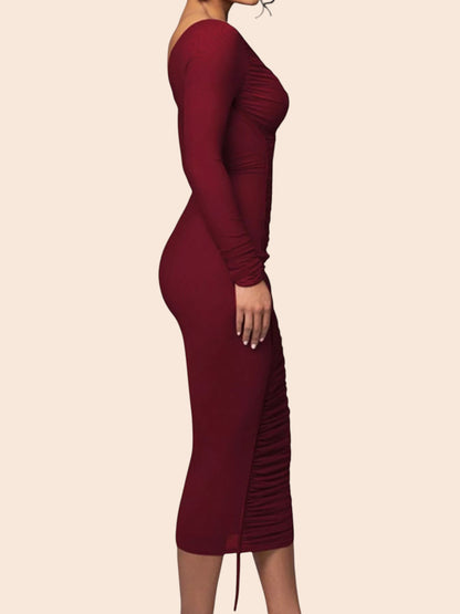 My Store one-shoulder burgundy midi dress in ruched mesh with a long sleeve and side tie detail, side profile view.