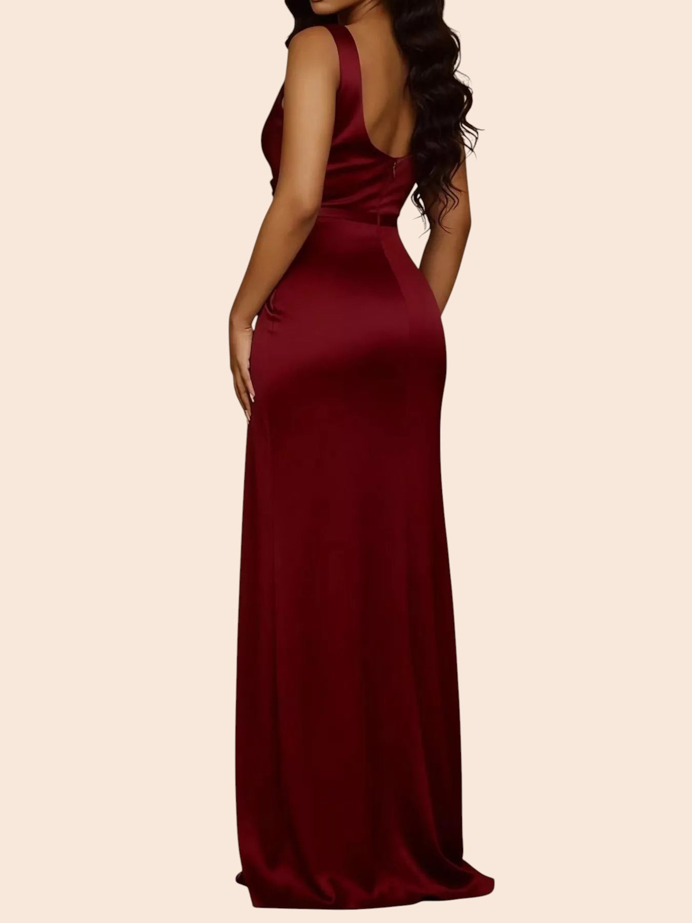 My Store burgundy satin sleeveless maxi dress with a cowl neck and floor-length silhouette, back view on a model.