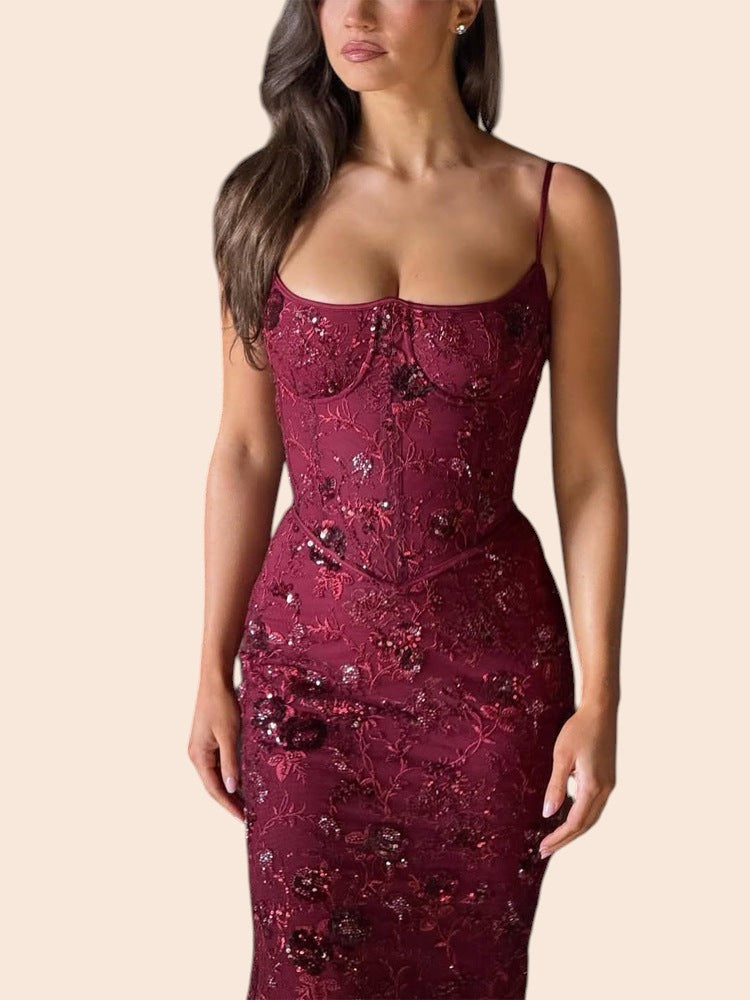 My Store burgundy sequin bodycon maxi dress with a square neckline and corset-style bodice on a model.