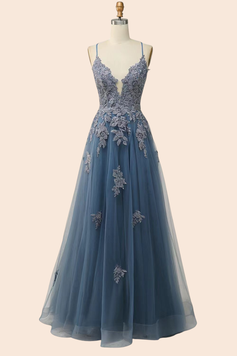 My Store Celeste evening gown in dusty blue tulle with intricate floral embroidery, plunging neckline, and full skirt.