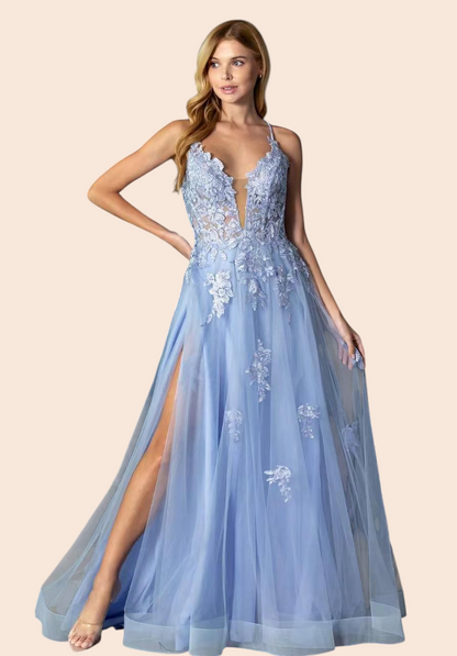 My Store Celeste light blue tulle evening gown with floral embroidery, plunging neckline, and thigh-high slit