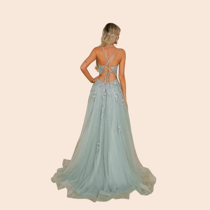 Back view of My Store Celeste embroidered tulle evening gown in sage green with lace details and crisscross straps