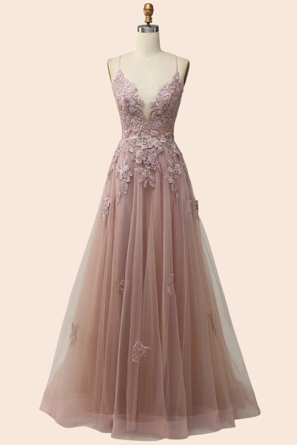 My Store Celeste evening gown in dusty pink tulle with floral embroidery, plunging neckline, and floor-length skirt.