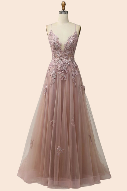 My Store Celeste evening gown in dusty pink tulle with floral embroidery, plunging neckline, and floor-length skirt.