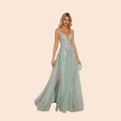 My Store Celeste evening gown in sage green tulle with floral embroidery, plunging neckline, and thigh-high slit.