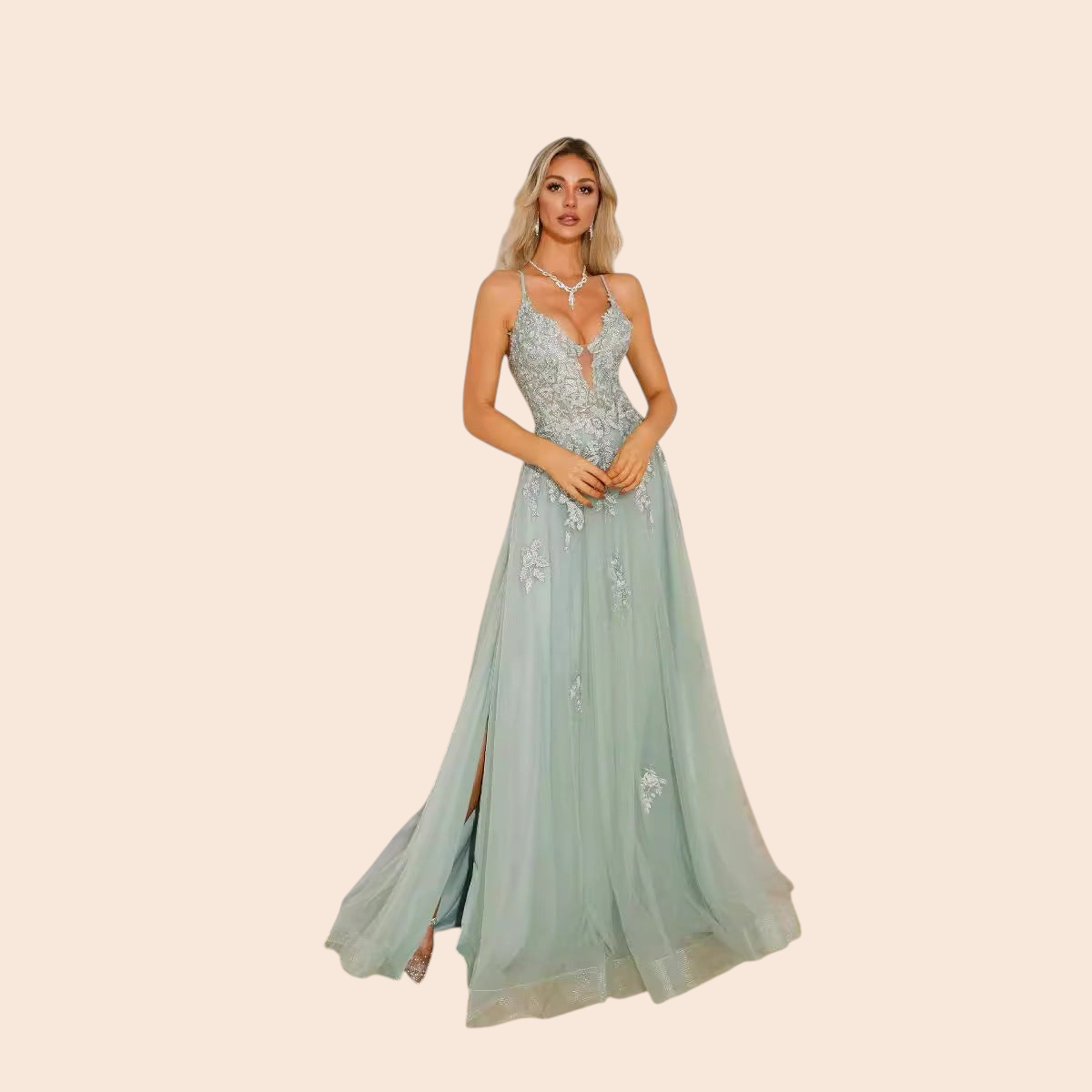 My Store Celeste embroidered tulle evening gown with a plunging neckline, floral details, and a thigh-high slit.