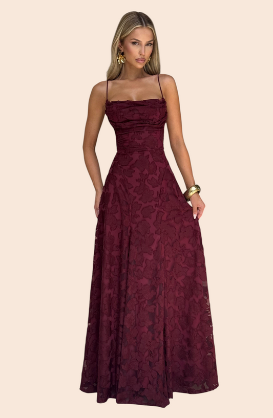 My Store Francis floral jacquard maxi dress in cherry lacquer with spaghetti straps and a structured A-line silhouette.