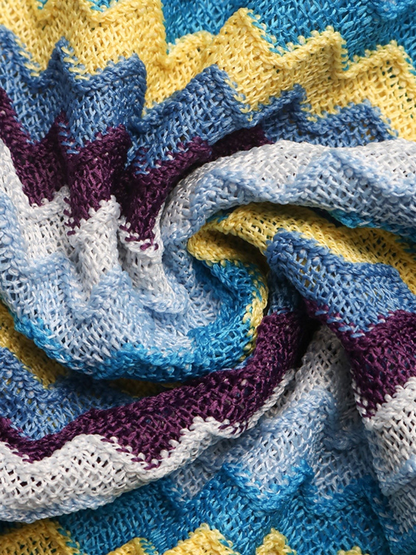 My Store chevron stripe knit maxi dress fabric detail featuring vibrant yellow, purple, and blue textured pattern