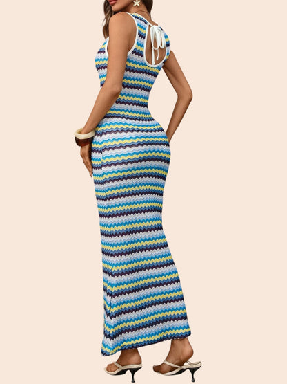 My Store sleeveless maxi dress featuring a colourful chevron stripe knit pattern and a flattering back tie detail.