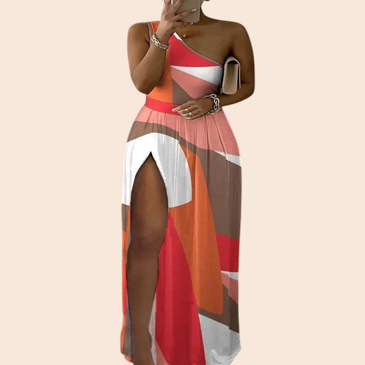 My Store colorblock maxi dress featuring an asymmetric one-shoulder neckline, waist cutout, and high leg slit.