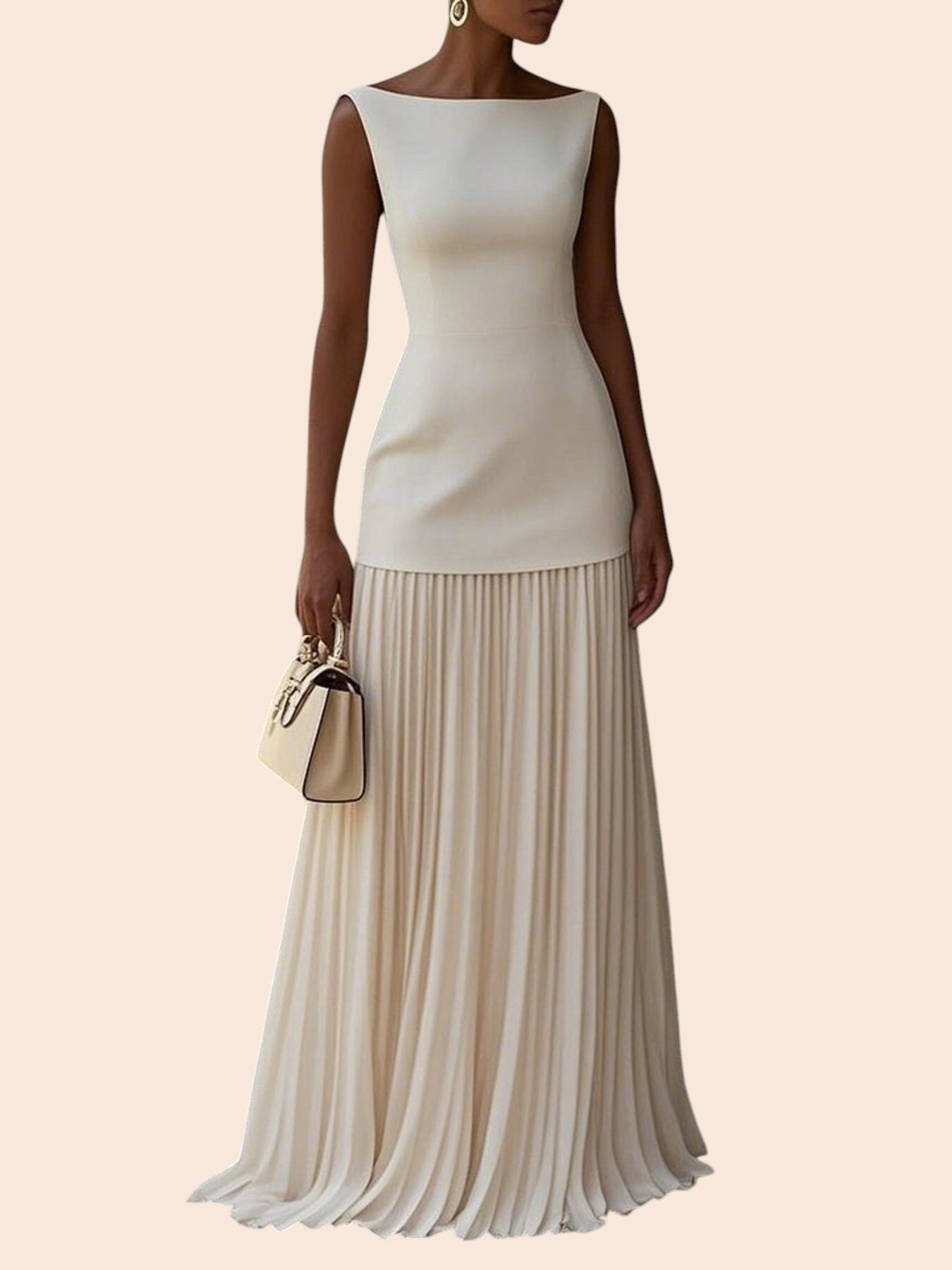 My Store cream sleeveless maxi dress with a structured bateau neckline, drop waist, and a flowing pleated skirt.
