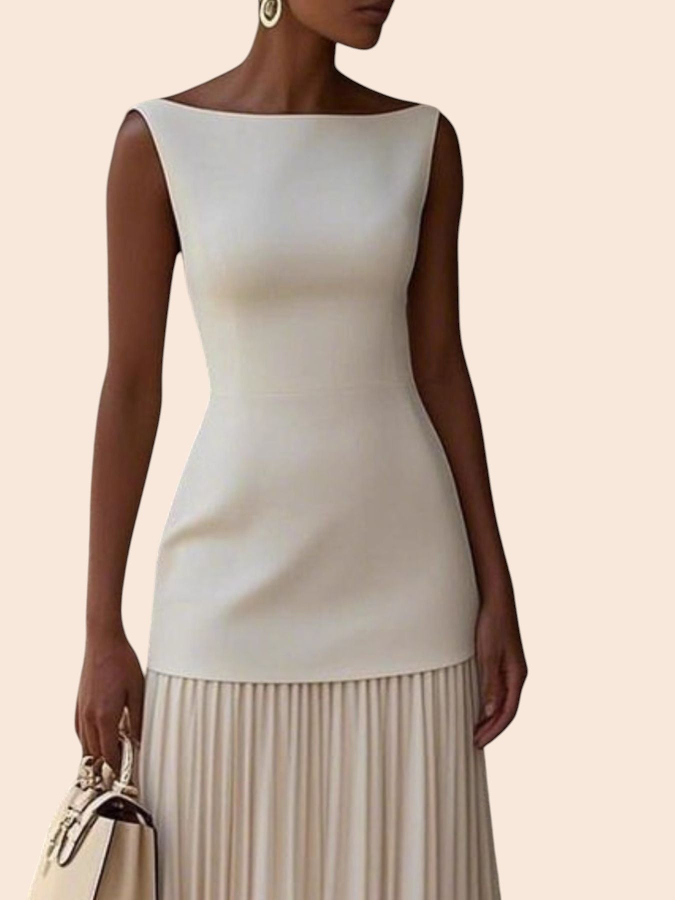 My Store sleeveless cream maxi dress with a bateau neckline, structured bodice, and a flowing drop-waist pleated skirt.
