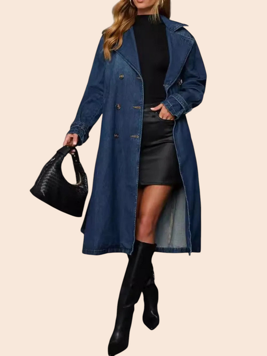 My Store dark-wash denim longline trench coat with a structured lapel and double-breasted button front
