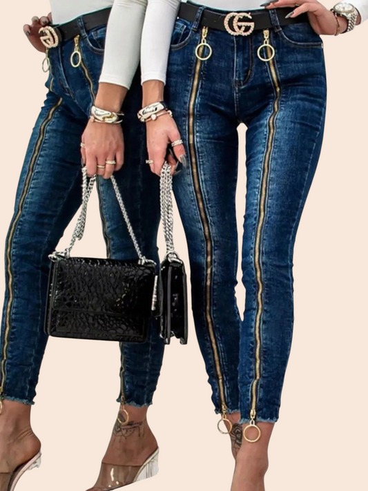 My Store dark-wash skinny jeans featuring gold-tone front zippers, ring pulls, and distressed hems on two models.