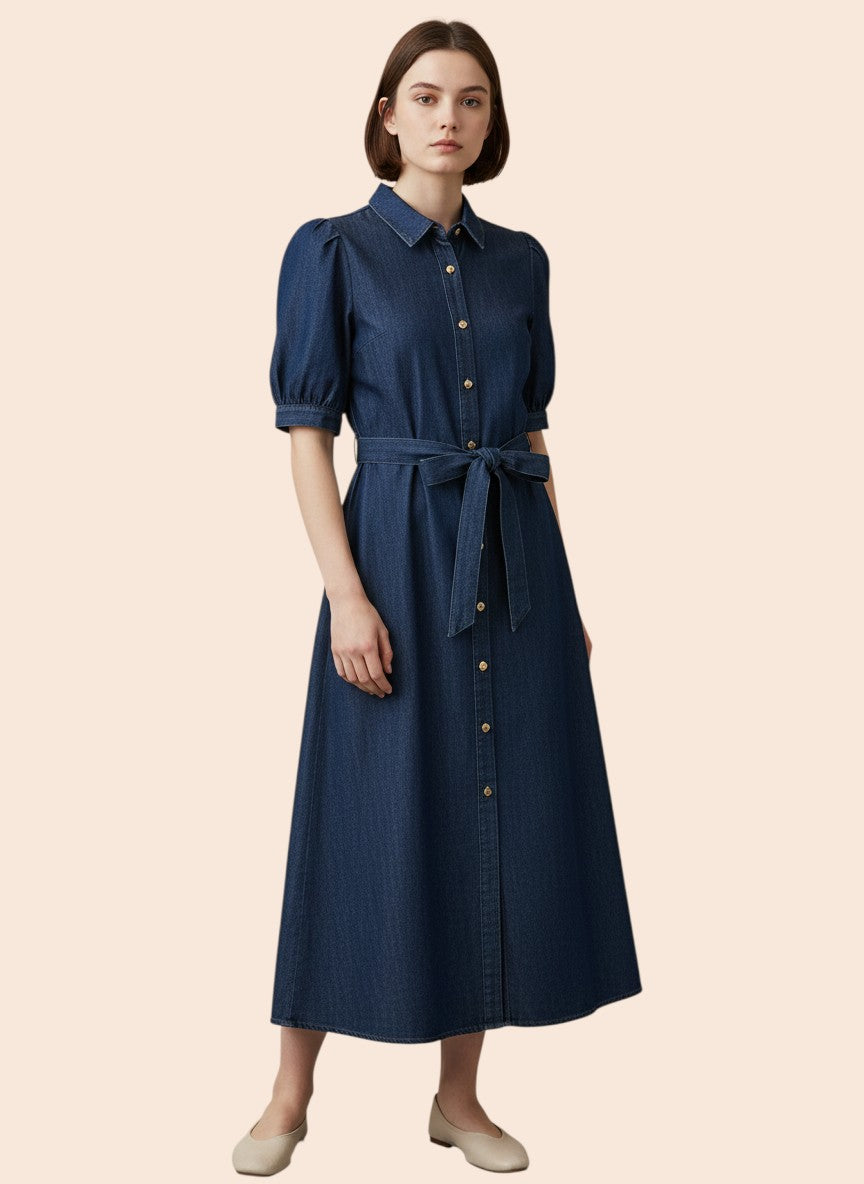 My Store dark wash denim midi dress with puff sleeves, button front, tie waist, and collared neckline.