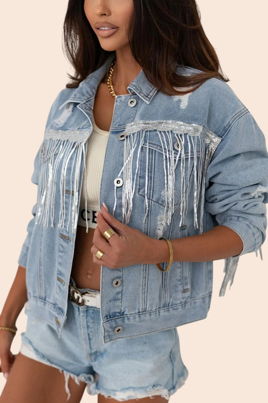 My Store light-wash distressed denim jacket featuring cascading silver crystal-inspired fringe and button-front closure