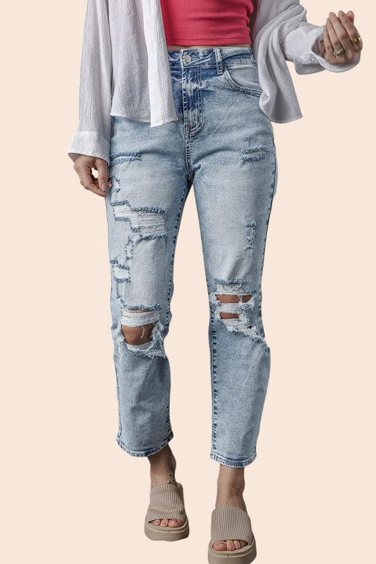My Store light-wash high-waisted straight-leg jeans with distressed ripped detailing and cropped ankle length