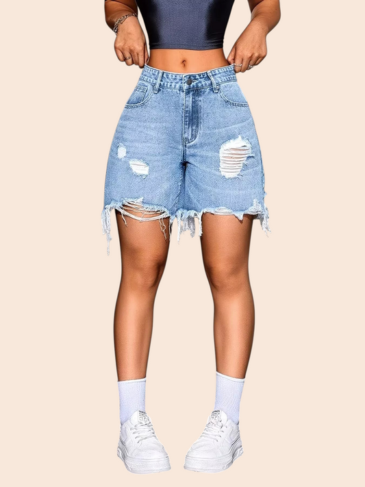 My Store high-rise light-wash denim shorts with distressed ripped details and a raw frayed hem on a model
