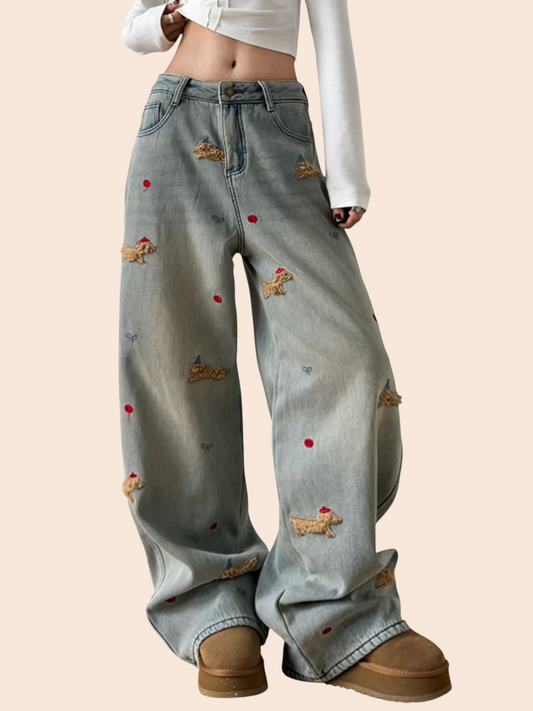 My Store light-wash wide-leg jeans featuring cute embroidered dog motifs and red accents in a relaxed oversized fit