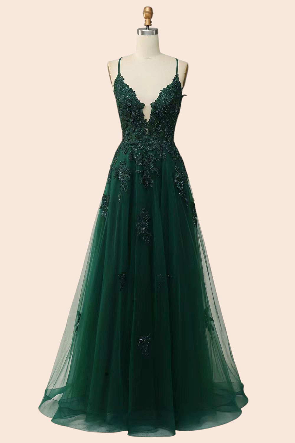 My Store Celeste emerald green tulle evening gown with floral embroidery, plunging neckline, and spaghetti straps.