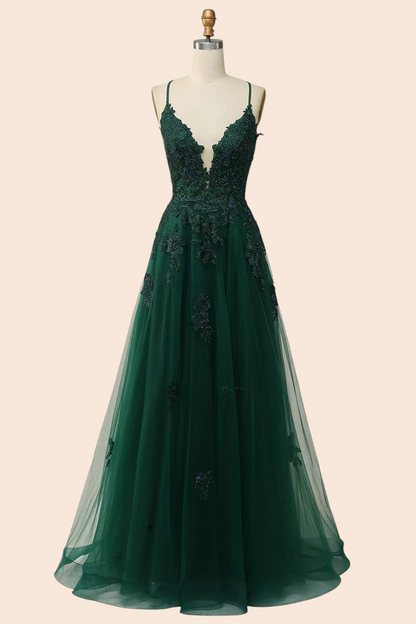My Store Celeste emerald green tulle evening gown with floral embroidery, plunging neckline, and spaghetti straps.