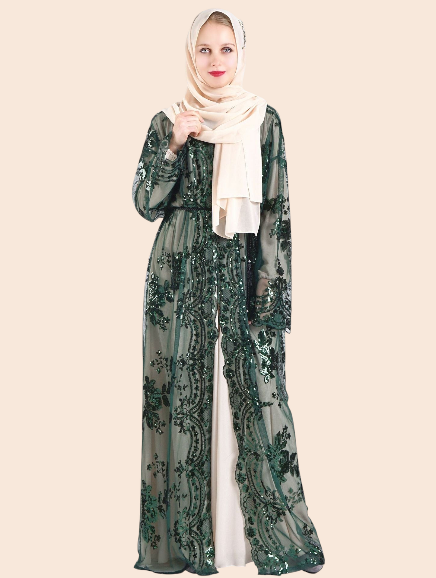 My Store Amira emerald green maxi dress with floral embroidery and sequins worn with a matching beige hijab
