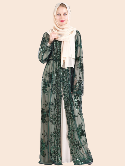 My Store Amira emerald green maxi dress with floral embroidery and sequins worn with a matching beige hijab