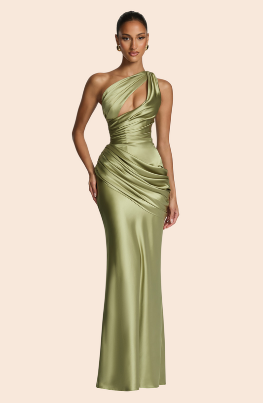 My Store Emina light olive satin maxi dress with one-shoulder neckline, front cutout, and elegant ruched draping.