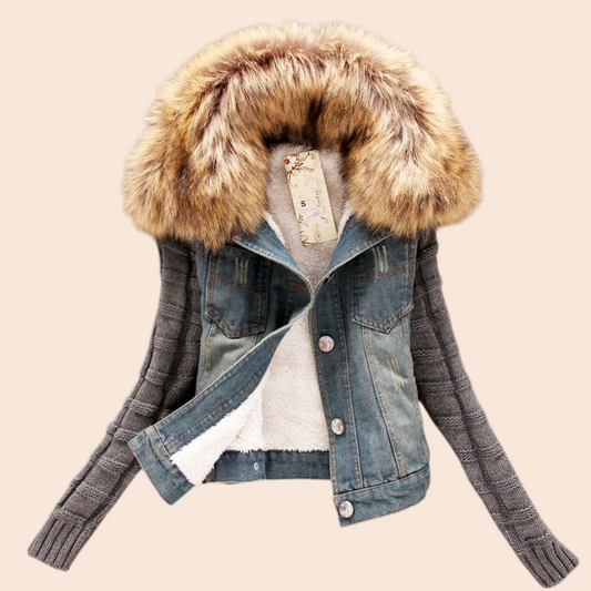 My Store faux fur collar denim jacket with grey ribbed knit sleeves and a plush brown faux fur trim