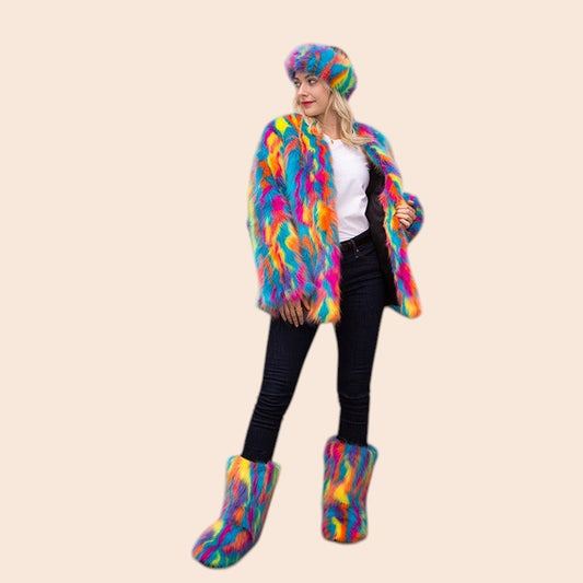 My Store three-piece set featuring a vibrant multi-colored faux fur coat, matching headband, and plush snow boots.