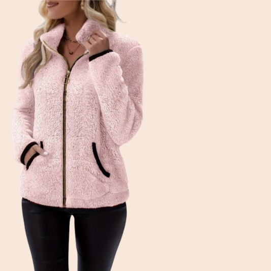 My Store Cozy Fleece Zip-Up Jacket in various colors featuring a plush texture, high neckline, and zip-front closure.