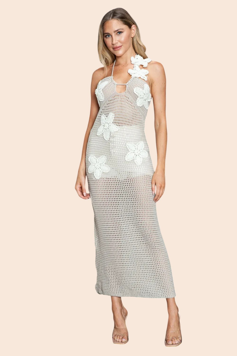 My Store 3D floral crochet halter maxi dress in beige with dimensional flower appliqués and open-knit texture.