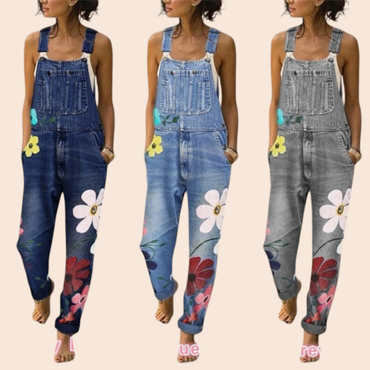 My Store floral print denim overalls in dark blue, light blue, and grey washes with adjustable straps and pockets.