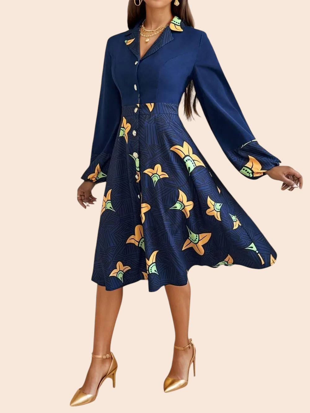My Store floral print midi shirt dress with a collared button-front bodice, long sleeves, and A-line skirt.